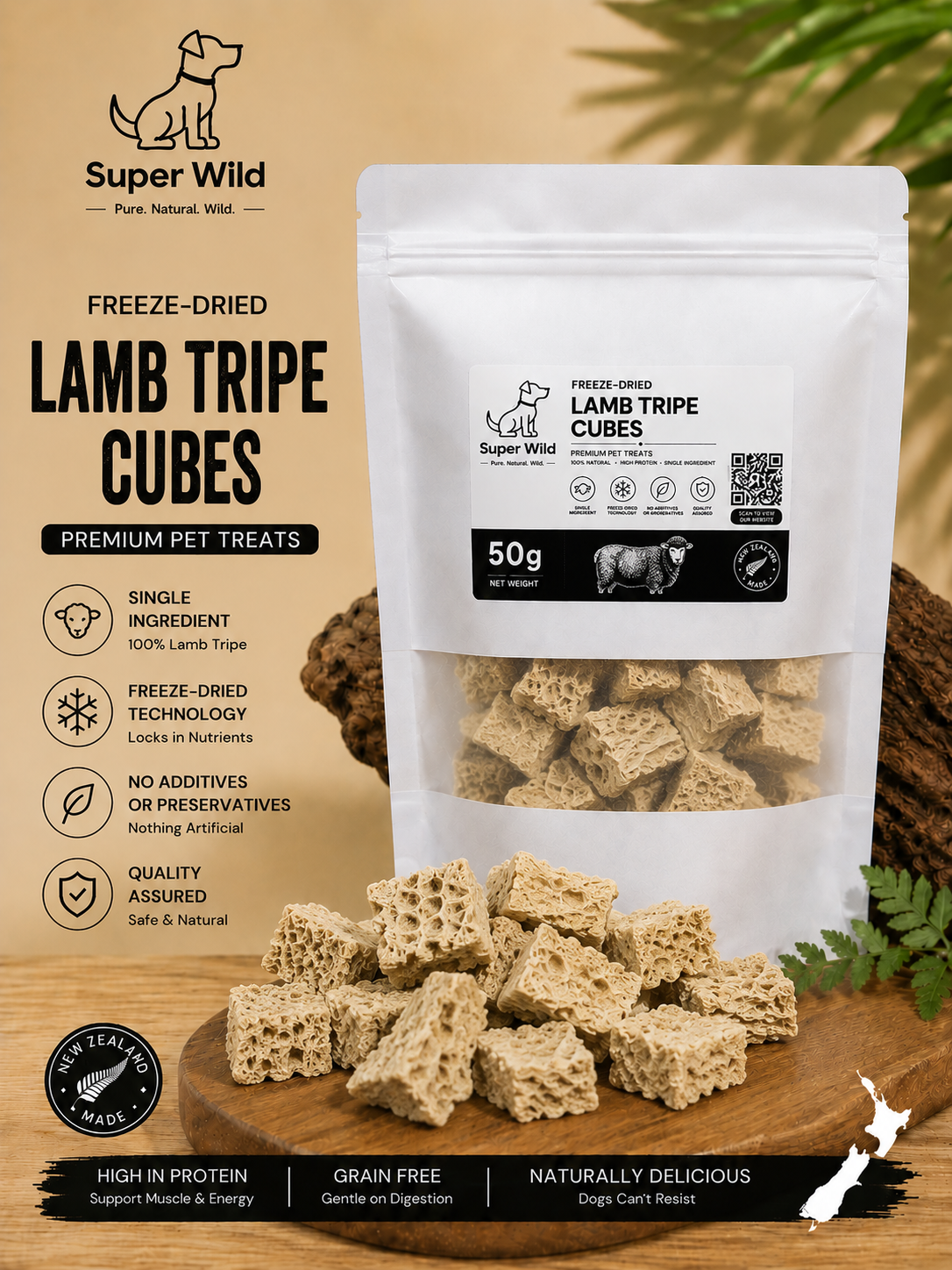Freeze-dried lamb tripe cubes 50g
